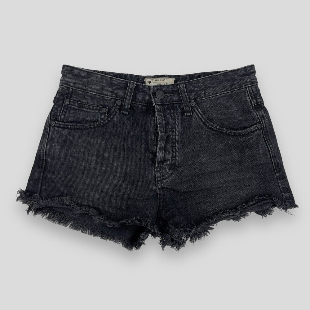 Free People Womens Black Denim Jean Cutoff Shorts Distressed Size 25 Button Fly